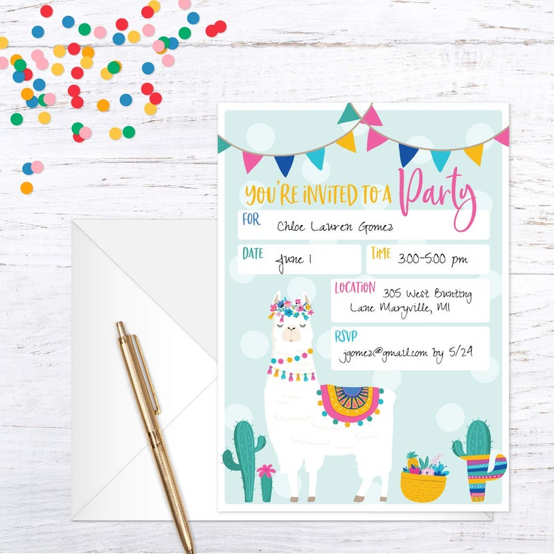 Canopy Street Llama Fill In Party Invitation / 25 Llama Fiesta Birthday Invitations and Envelopes / 5" x 7" Flat Alpaca Invite/Llama Baby Shower Invitation/Made In The USA - Image 5
